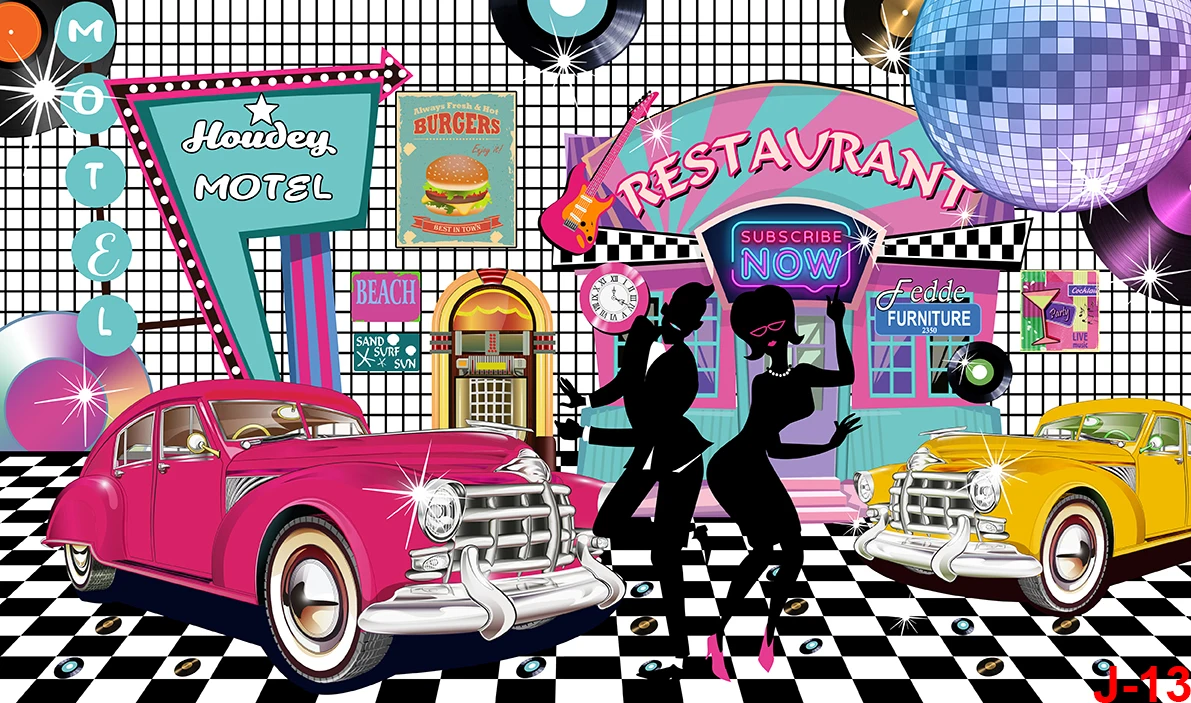 Back To 50s Photography Backdrop for Birthday Rock Roll Party 1950s Soda Shop Photo Retro Diner Time Party Decor Background