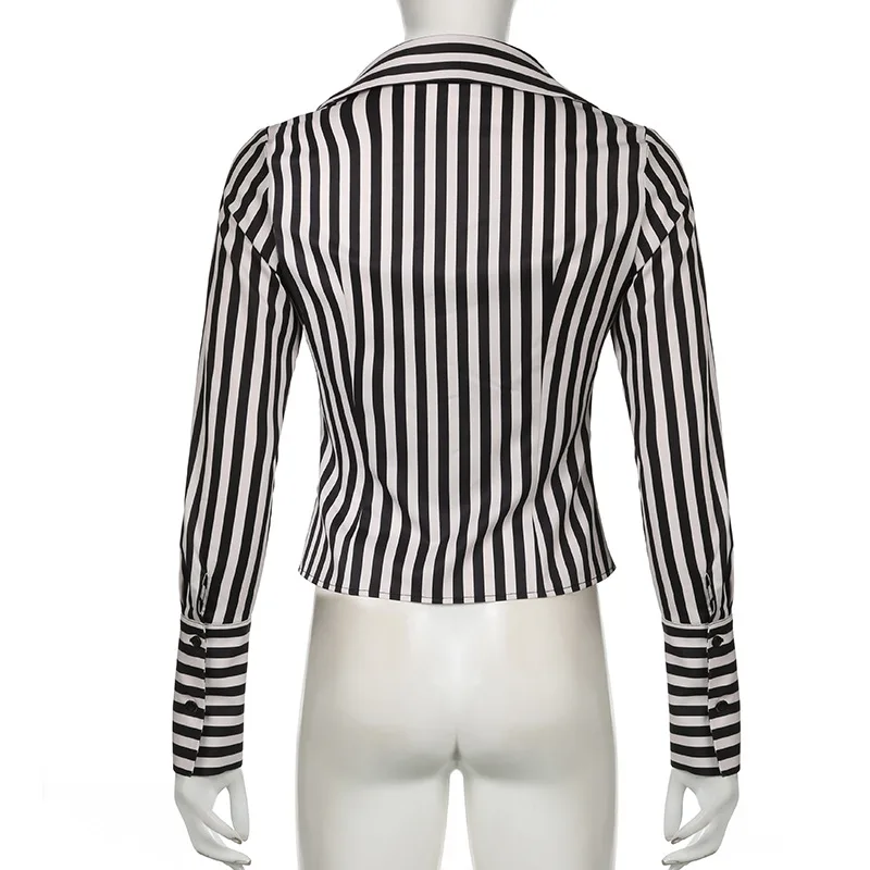 Autumn new slim fit breasted versatile striped contrasting color long sleeved shirt for women