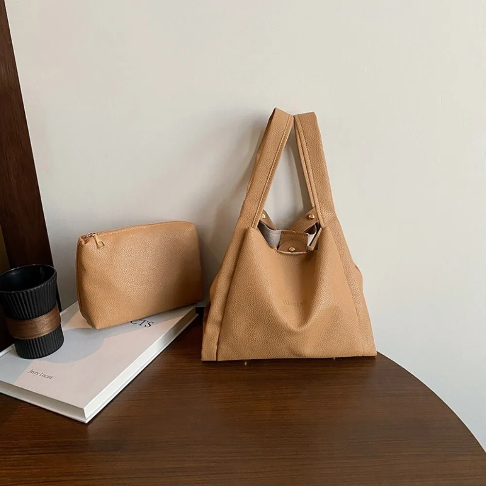 

2pcs/set Leisure Versatile Bucket Handbags Pu Leather Solid color Single Shoulder Bag Luxury With Small Bag Underarm Bag Daily