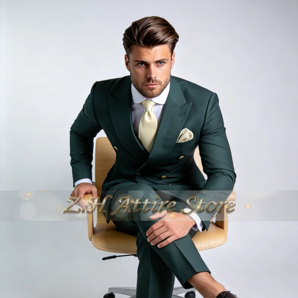 

Haute Couture dark green mens double-breasted 2pcs suit peak lapel jacket pants for wedding prom party male daily formal clothes