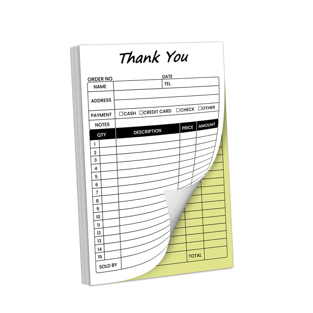 ​ كتاب إيصالات المبيعات مكون من جزأين من الكربون باللونين الأبيض والأصفر مع دعم ورقي، 100 مجموعة لكل كتاب ​