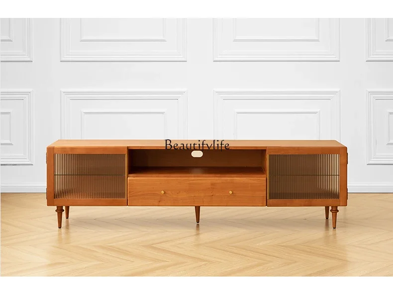 

FG26Retro Solid Wood TV Cabinet Simple Small Apartment Cherrywood Glass Storage TV Stand