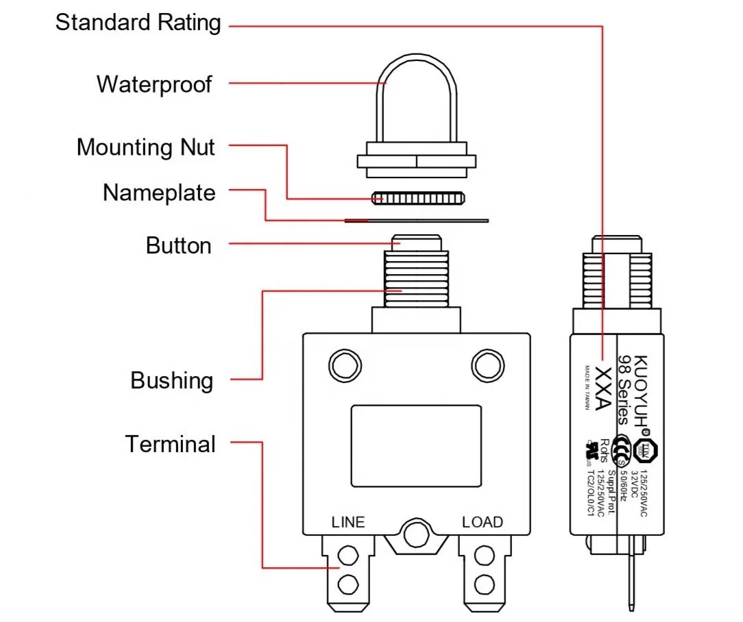 KUOYUH-interruptor protector de sobrecarga térmica de reinicio Manual, Mini Disyuntor de perno recto 3A-50A, serie 98, 13A