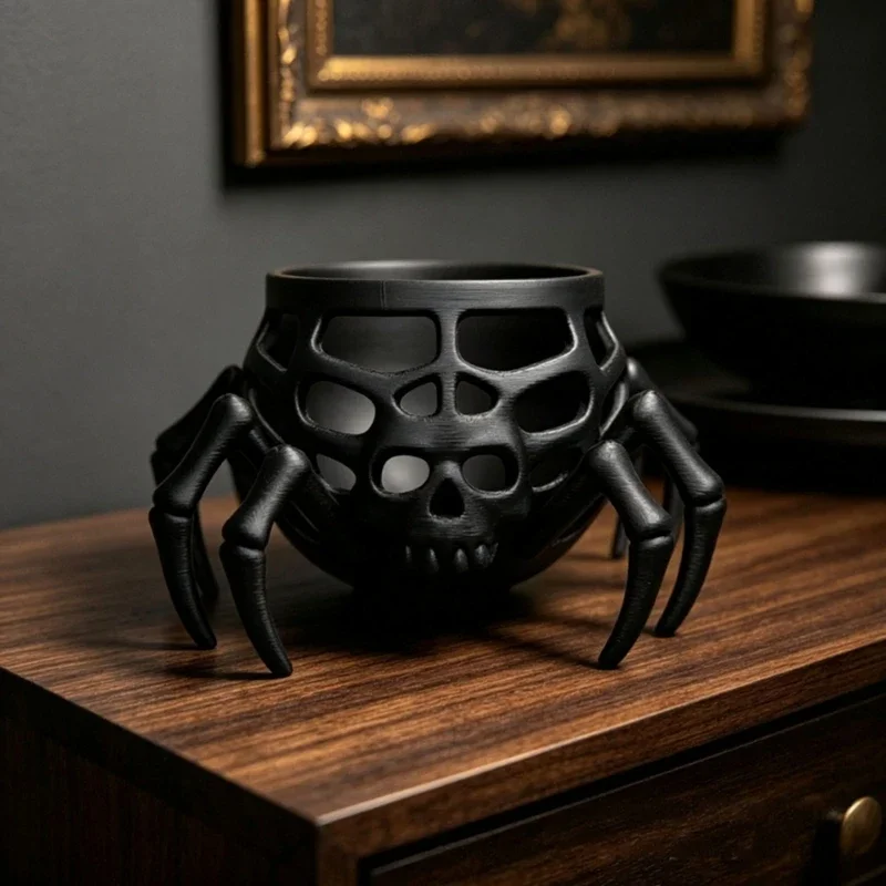 Hollowed Skull Spider Shaped Storage Basket Spider Figurine Bowl Halloween Party Indoor Table Decorative Bowl
