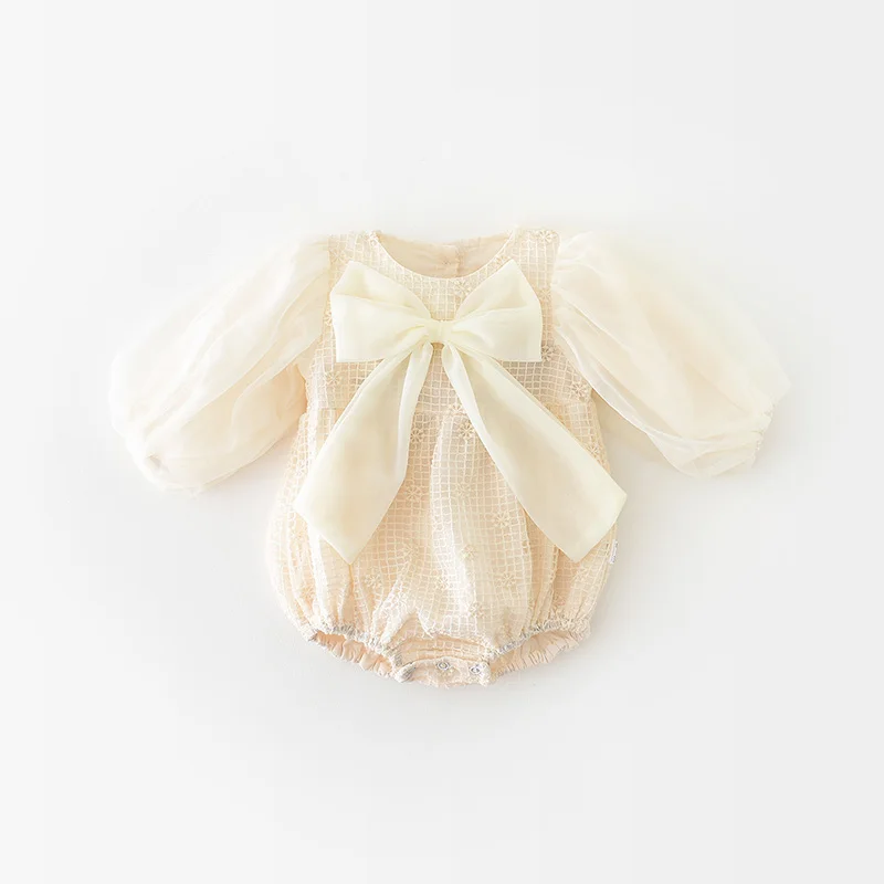 2025 Spring Hot Sale Baby Girl Big Bow Tulle Dress Romper Korean Princess Style Briefs Puff Sleeve Bodysuit Infant Outfit