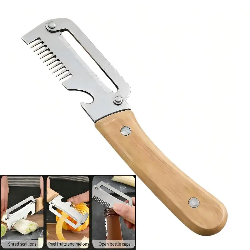 Multi-Functional Vegetable Peeler For Kitchen, Ultra-Sharp Stainless Steel Blade With Wooden Handle And Bottle Opener