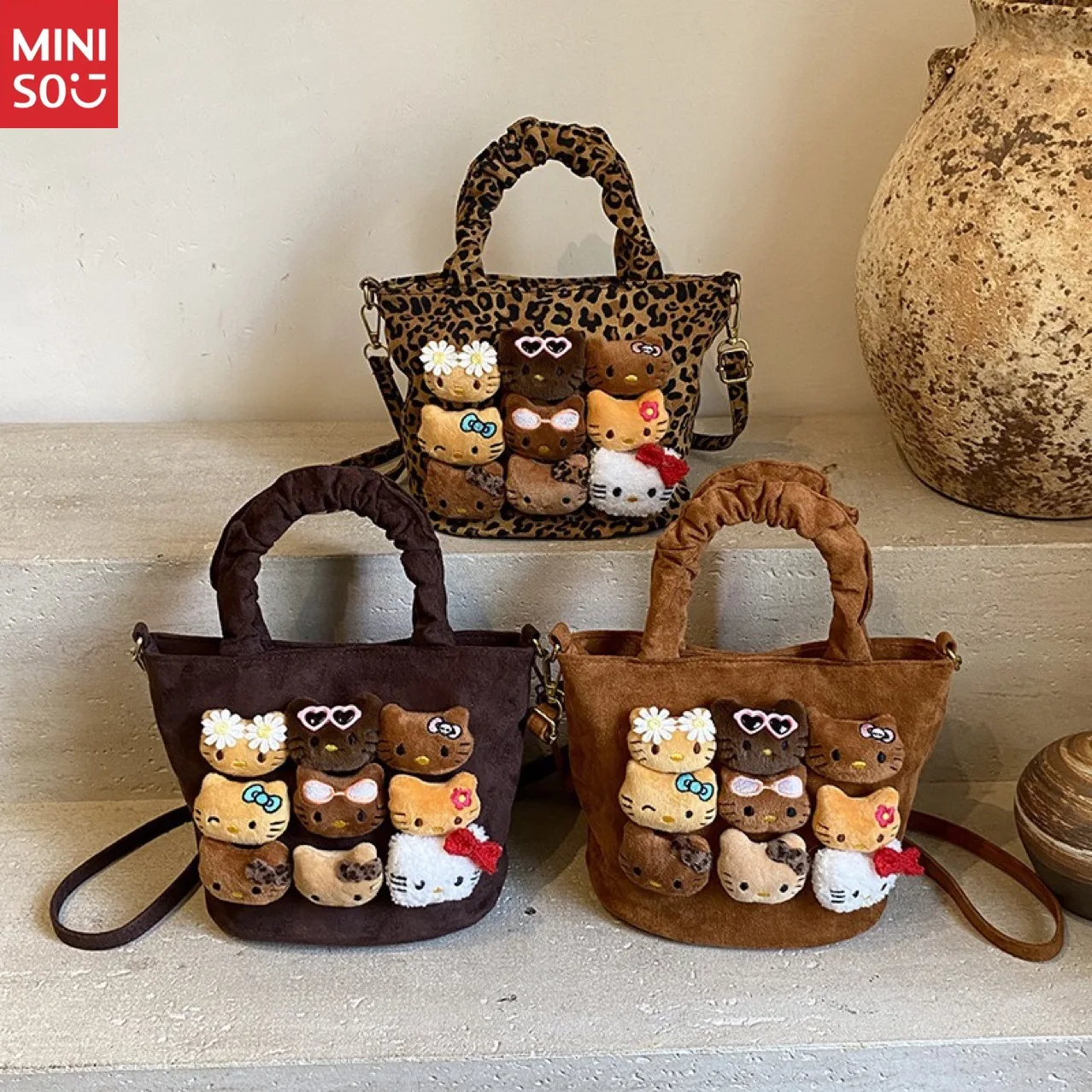 Miniso 2025 Black Hello Kitty Tote Bag, Canvas Bucket Purse with Leopard Print & Plush Toy