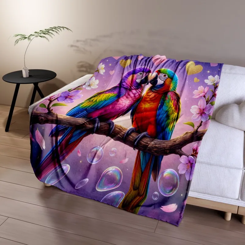 3D Couple Macaw Parrot Heart Blossom Print Flannel Blanket, Soft Microfiber Throw Blanket for Sofa Bedroom, Sweet Home Gift