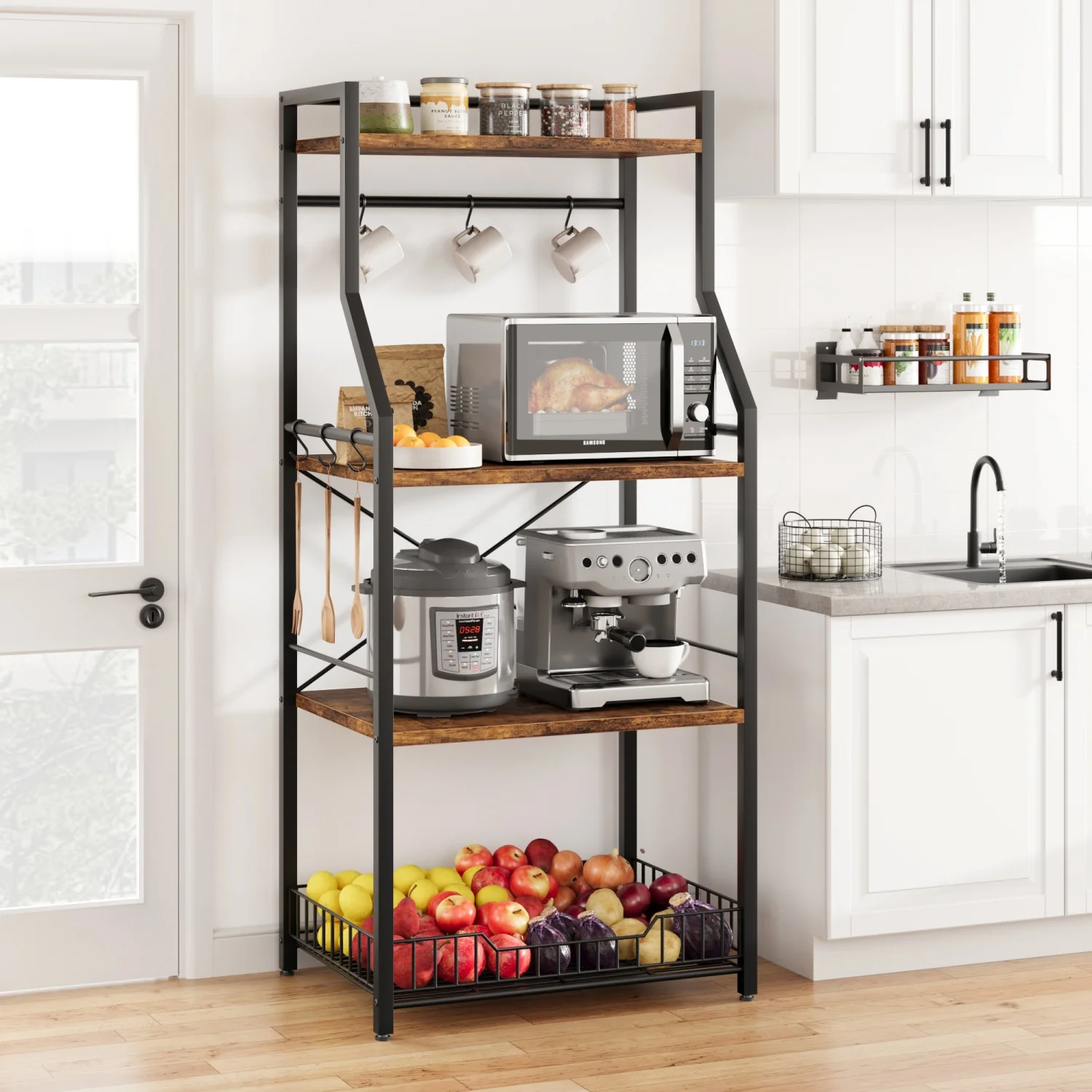 

Kitchen Bakers Rack Microwave Oven Stand with Large Wire Basket Industrial Microwave Stand Utility Storage Shelf