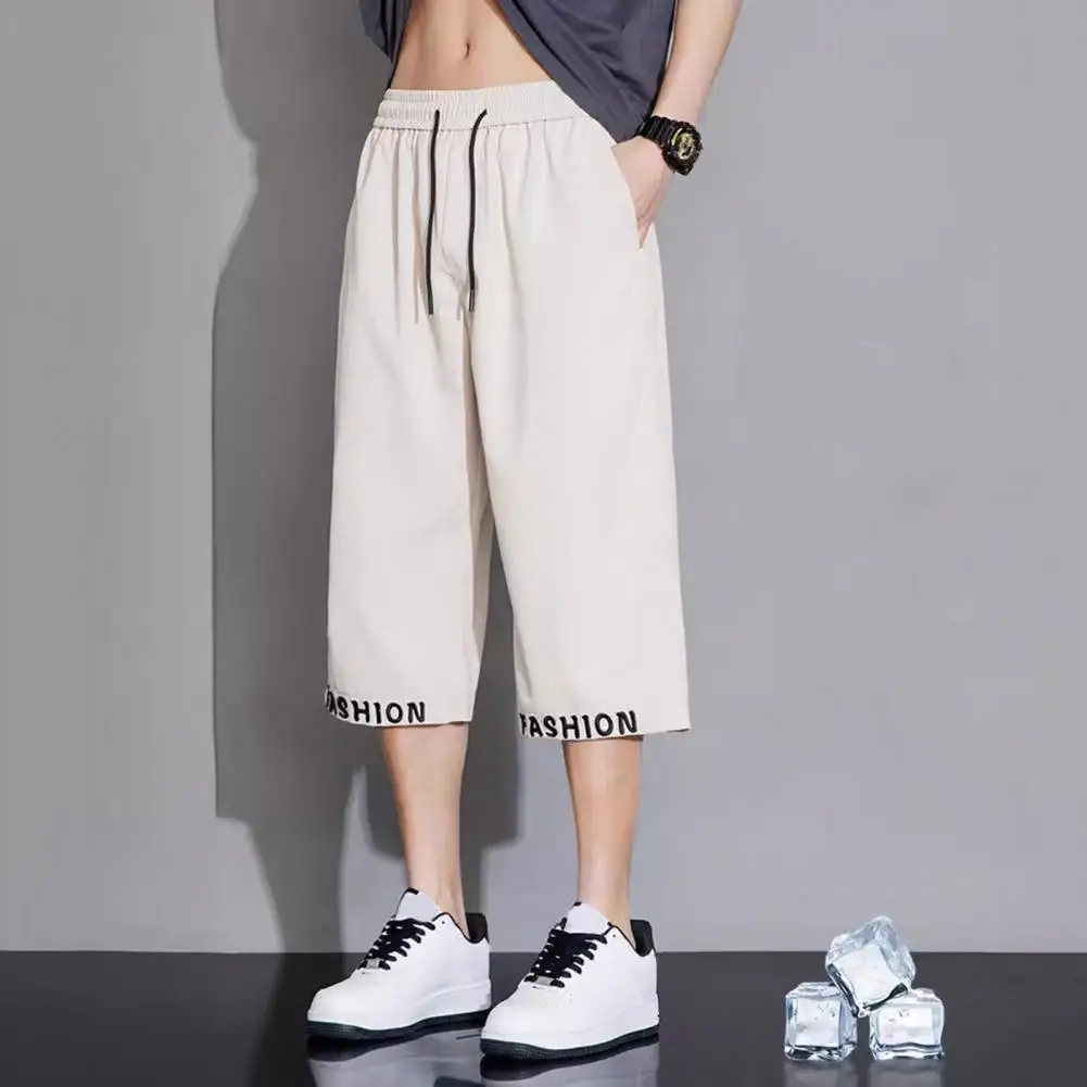 

Casual Men Pants Stylish Men's Cropped Pants with Elastic Waistband Drawstring for Comfortable Casual Wear Featuring Letter