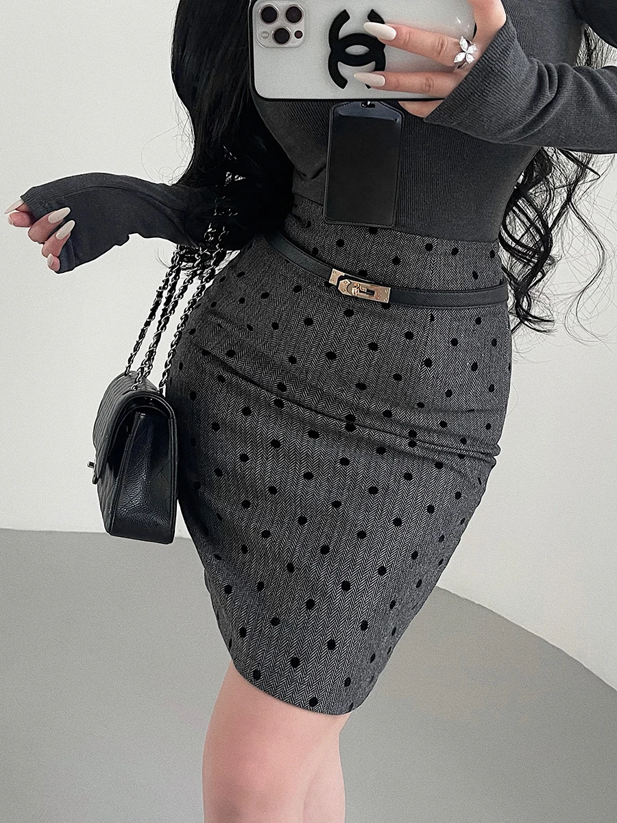 Korean Style High Waist Flocking Polka Dot Midi Skirt Bodycon Half-length with Belt Pure Desire Fashion Young Girl Day