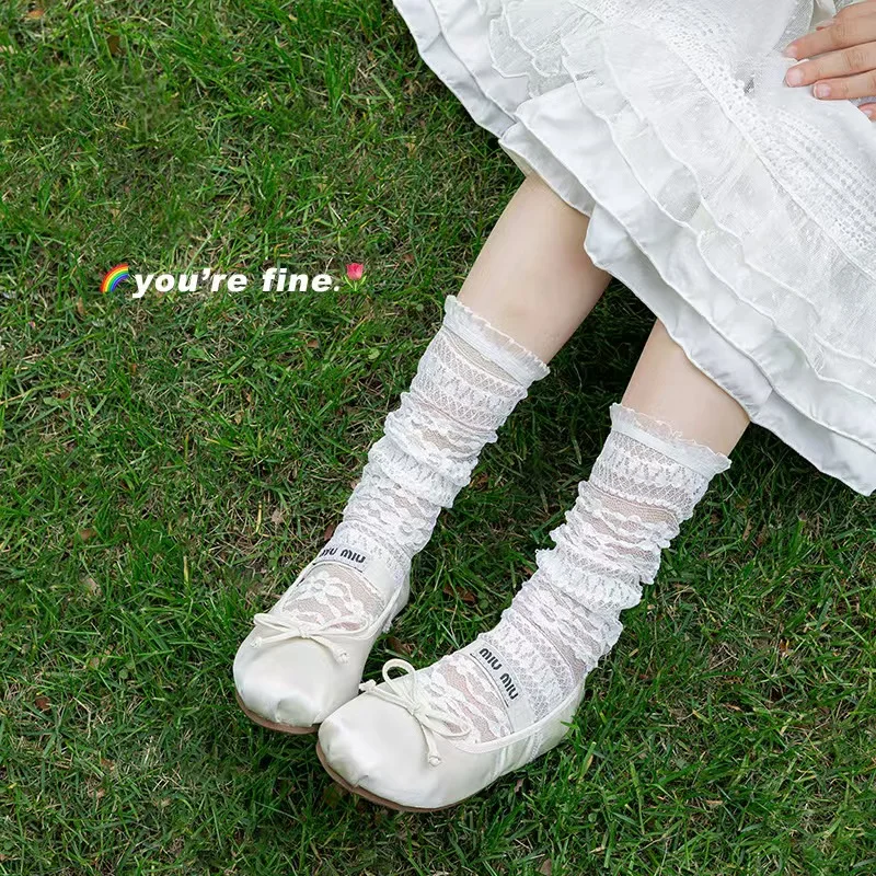 Girls' Summer Thin Hollow Mesh Socks,kids Sweet White Lace Pile Socks, Cute Soft Little Flower Wave Line Socks for Baby Girls