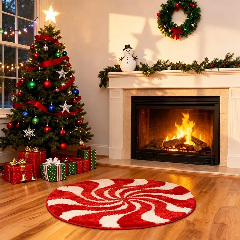Living Room Floor Mat Soft Comfortable Faux Cashmere Carpet Christmas Red White Swirl Candy Round Rug Home Decoration Carpets