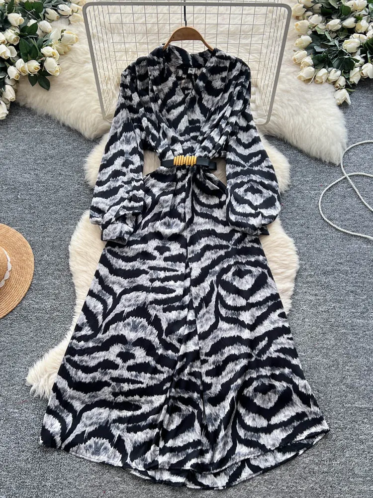 Ele V-ne Print Satin Long Dr Damen Herbst Winter Faion Gürtel Taille Hohe Taille A-Linie Dr Ci Pendeln