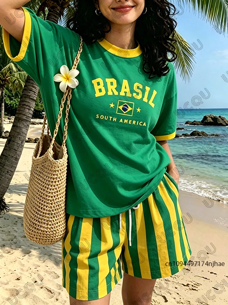 Women's Tracksuit Brazil Print Short Sleeve T-Shirt+Stripe Shorts Suit Summer Couple Casual Sets Beach Clothes 2 Piece Outfits