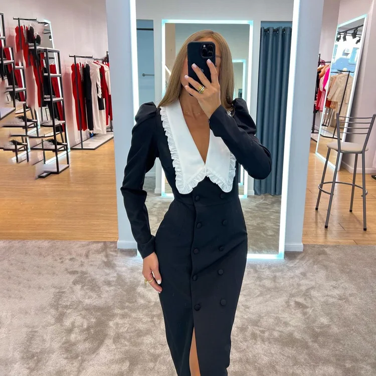 

2026 Fashion Slim Slit Dresses Bodycon Black Patchwork Dress Elegant Ruffle Collar Long Sleeve Office Midi Dress For Women
