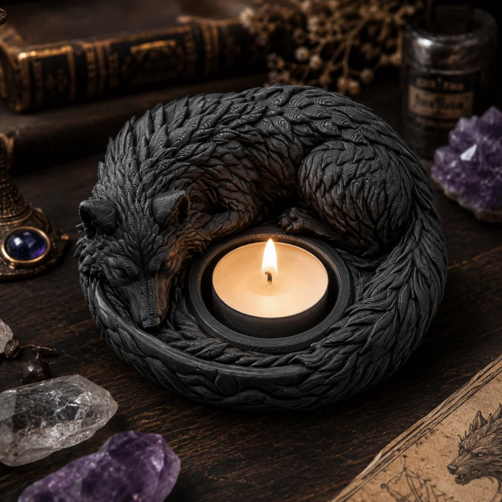 3D Printed Candle Holder Multi-functional Home Decor Wolf Sculpture Ornaments Furry Texture Sleeping Wolf Candlestick