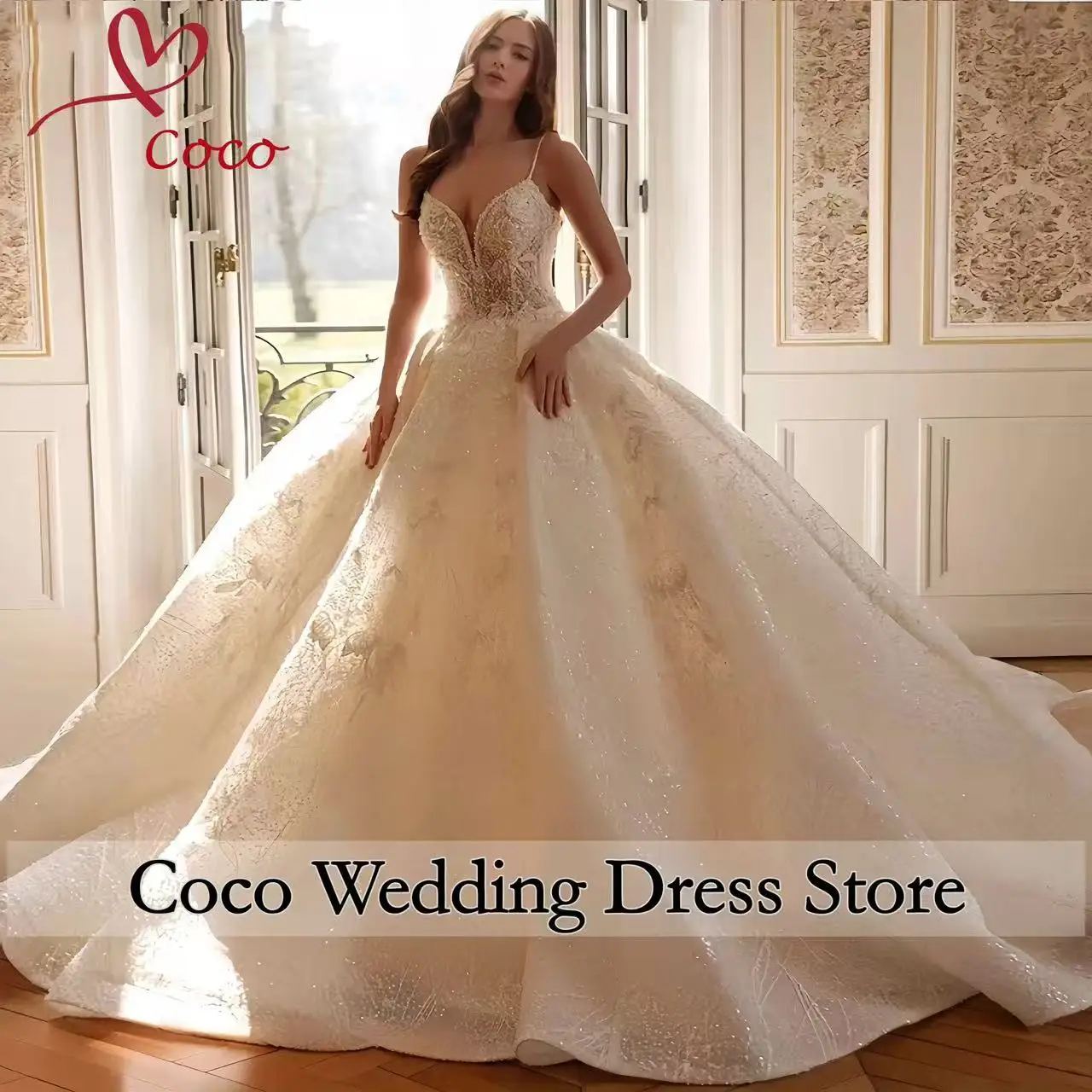 

Customized Gorgeous Ball Gown Wedding Dresses Beading Spaghetti Straps Appliques Princess Bridal Gown Vestidos De Novia