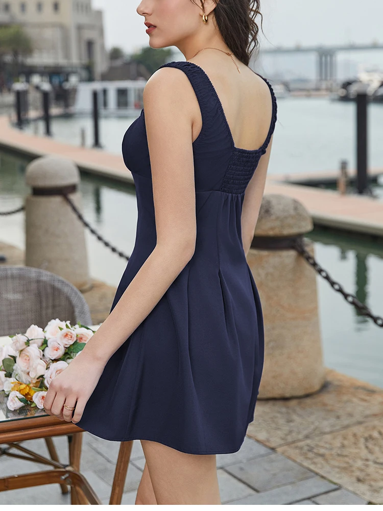 فستان NewAsia نسائي قصير بحزام مكشكش ورقبة مربعة فستان صيفي بدون ظهر مع تفاصيل أزرار حمالة صدر كأس Bodycon ملابس حفلات أنيقة