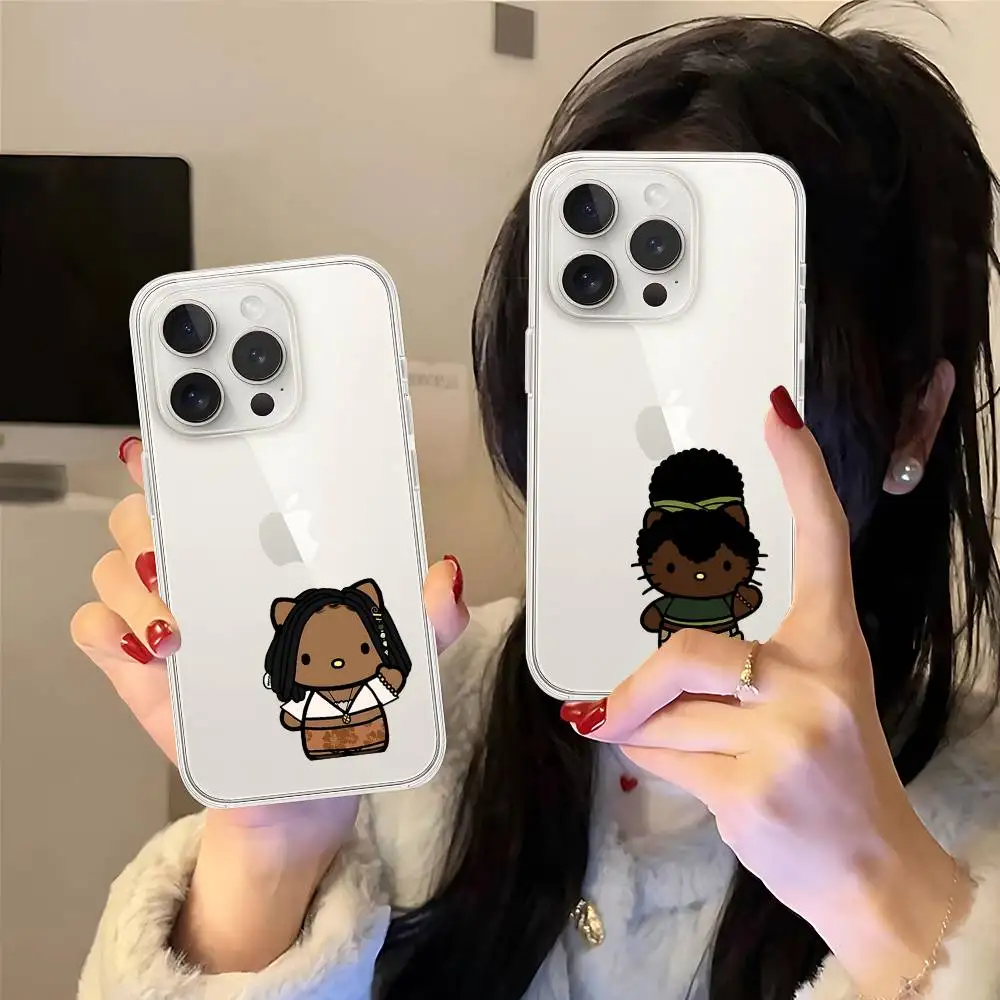 B-Negro cabeza terrosa envoltura h-hola k-kit-ty funda de teléfono para IPhone 17 16 15 14 Plus 13 12 11 Pro Max funda trasera de teléfono transparente S