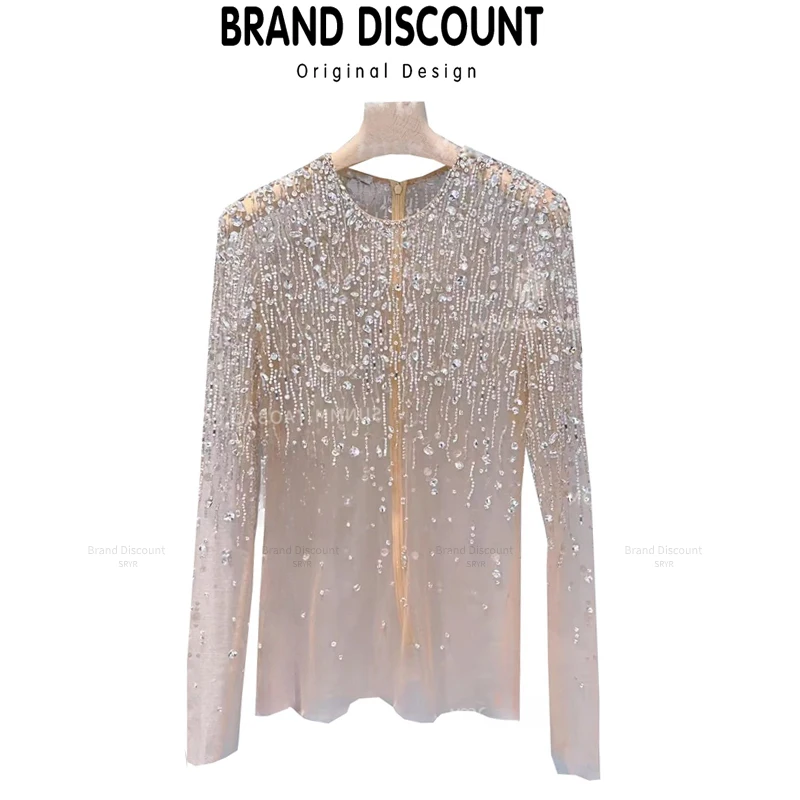 Women Original Brand Hot Drilling Slim Sexy Mesh Cover-up Women Sweatshirt Elegant Tops Sparkling Dresses