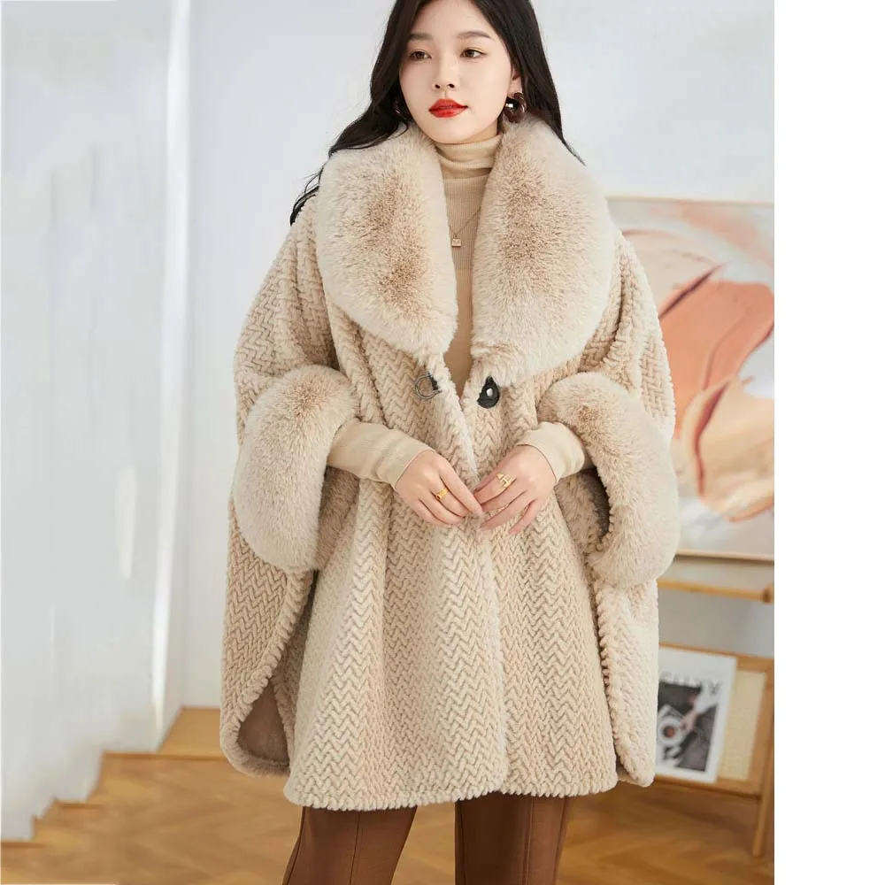 Fashion Wide V Lapel Faux Fur Coat Cape Pure Color Wavy Stripes Soft Warm Outerwear Women Winter Loose Cloak Mid-Long