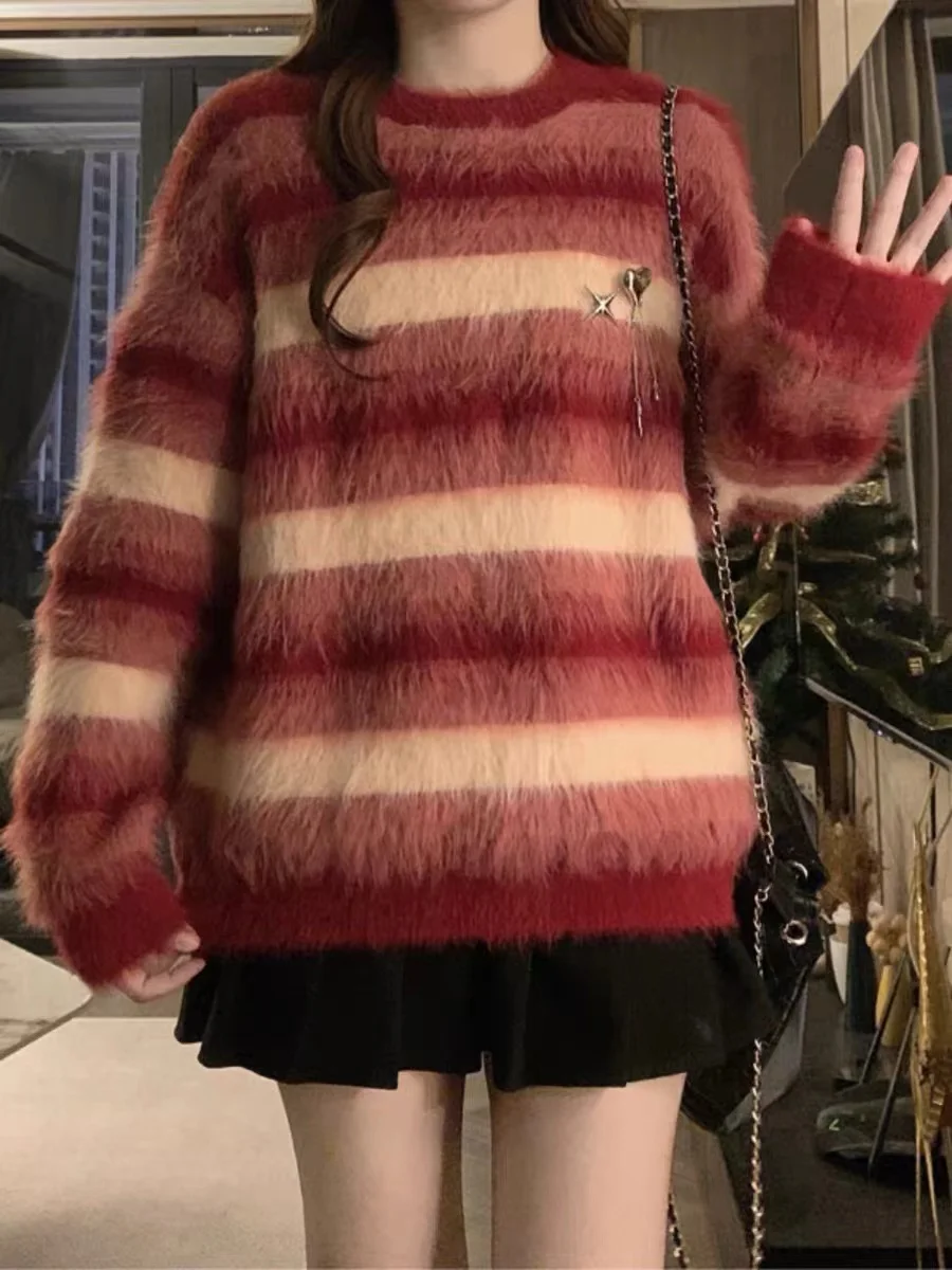 MiiiiX Sweet Girl Autumn New Plush Knitted Sweater Women Pullover Red Striped Soft Loose Female Outerwears Top with Love Brooch