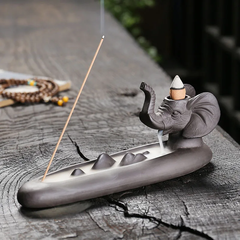 Purple Clay Backflow Incense Burner Craft Ornament Creative Large and Small Elephant Sandalwood Backflow Incense Burner Home Dec