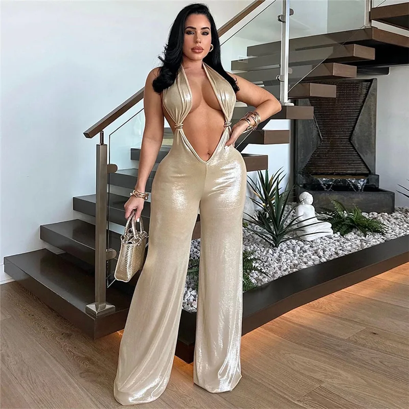 

Wide Leg Overalls Elegant Party Evening Jumpsuit Women Sexy Open Chest One Piece Outfit Costume Nightclub Sexy Female Rompers