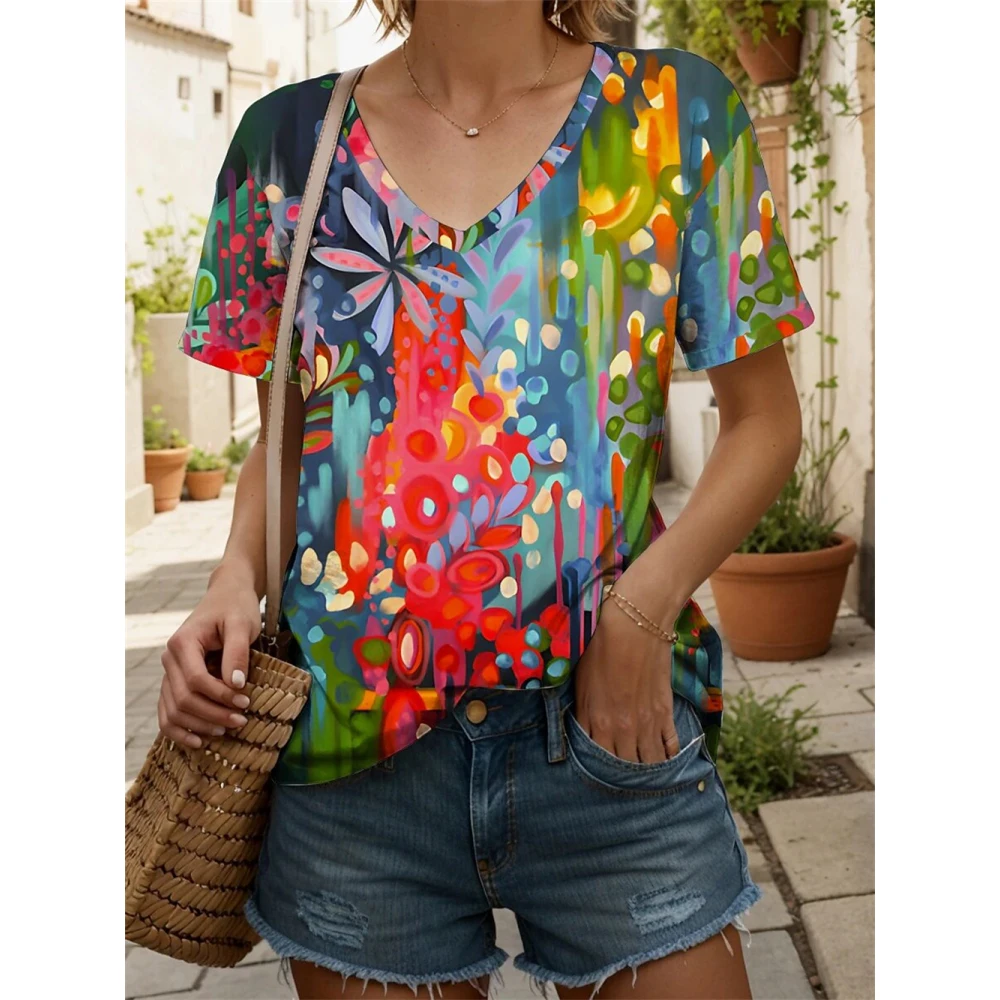 

Fashion Floral Flower Pattern 3D Print T-Shirts Women Casual V-Neck Short Sleeve T Shirt Plus Size Outdoor Tops Female Clothing