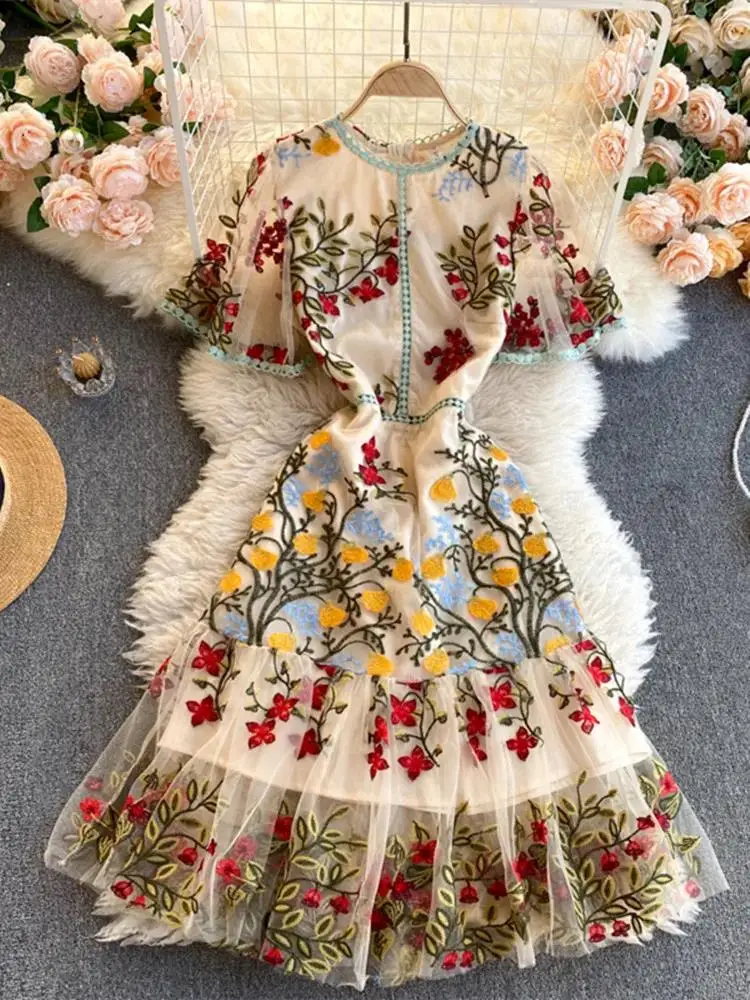 Women Elegant Mesh Lace Embroidered Short Butterfly Sleeve Ruffles Dress Summer Flower Multicolor Mermaid Harajuku Vestidos