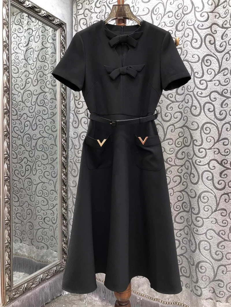 Top Quality New 2025 Spring Dress Women Bow Deco Pocket Patchwork Short Sleeve Mid-Calf Length Red Black Apricot Dress Events