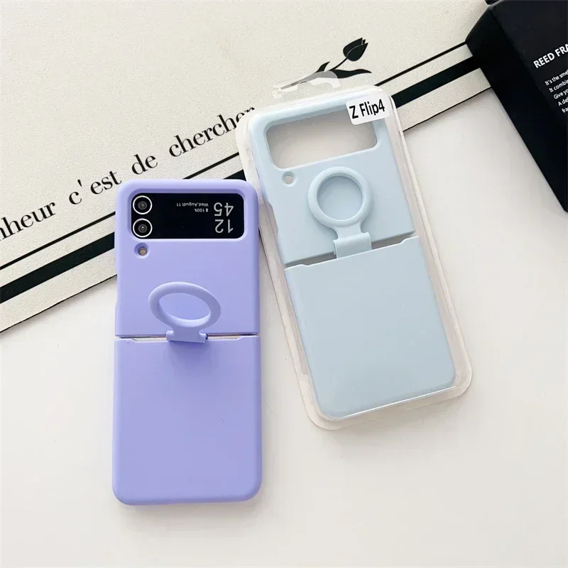 Solid Color Liquid Silicone Soft Case For Samsung Z Flip 3 Skin Feel Ring Bracket Shockproof Cover For Galaxy Z Flip 4 Flip 2 1