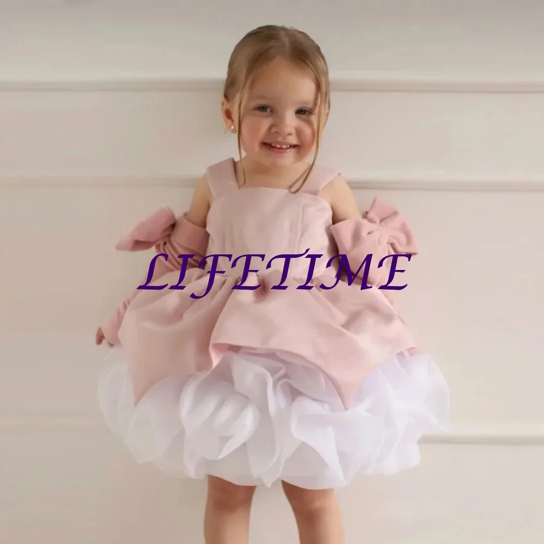 

CustomizedCustomized Pink Flower Girl Dress For Wedding Fluffy Velvet With Bow Lovely Kids Birthday Party Banquet First Communio