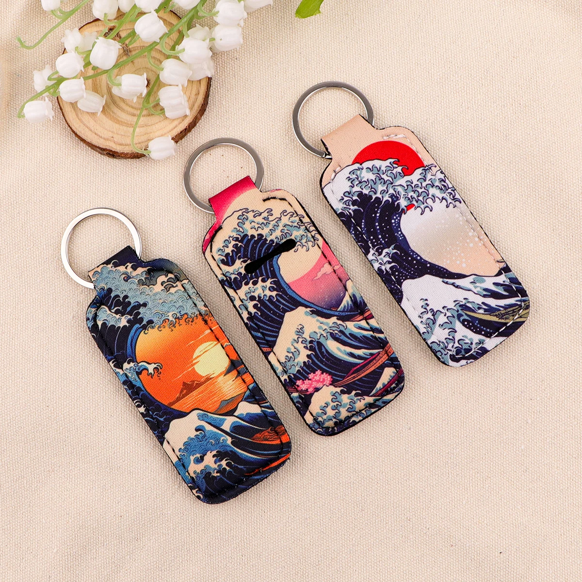 Japanese Wave Art Painting New Fashion Lipstick Holder Keychains Chapstick Holder Lip Balm Lipsticks Keyrings Bag Jewelry