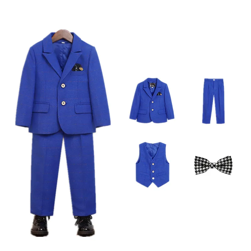 

Kids Royal Blue Jacket Vest Pants Bowtie 4Pieces Blazer Suit Flower Boys Wedding Dress Children's Host Piano Performance Costume