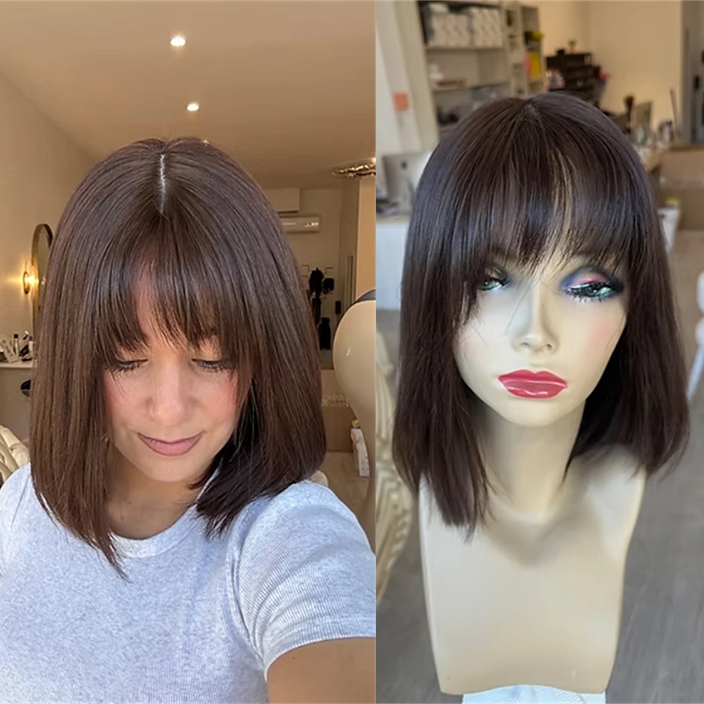 

Парик-боб с темно-коричневыми прядями и медово-блондированными мелиями, с HD-невидимой кружевной передней частью и челкой, натуральный вид, синтетические волосы, для женщин