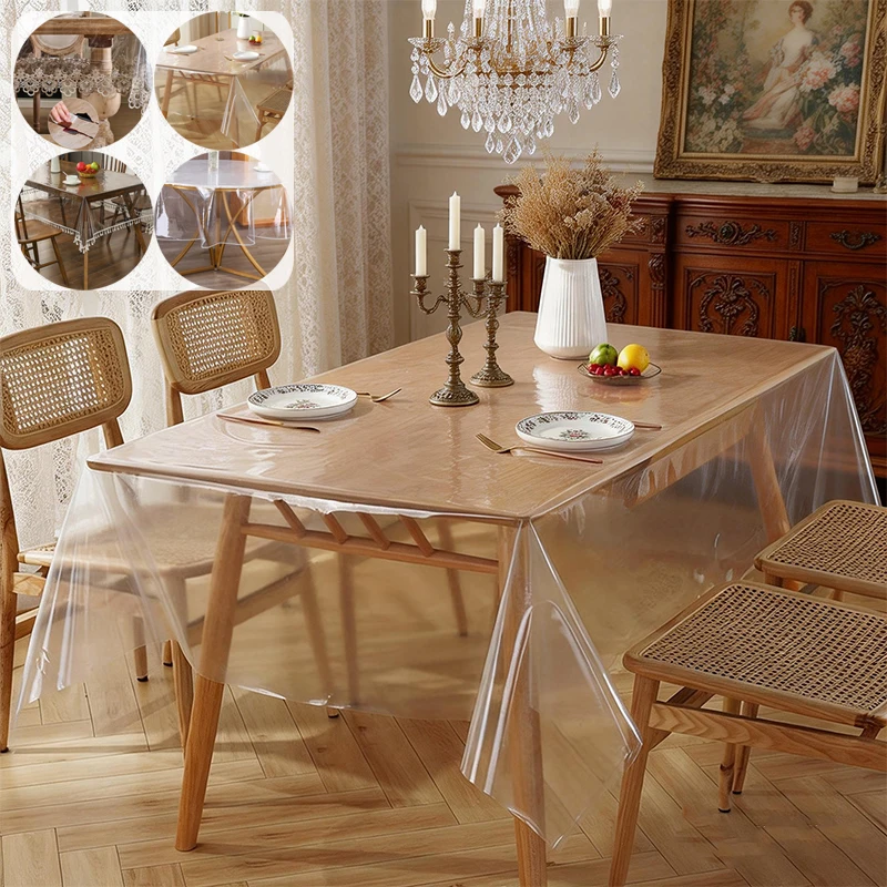 

Rectangular Circular Dining Table Protective Cover Waterproof and Oil Resistant PVC Tablecloth with Lace Embroidery Decoration