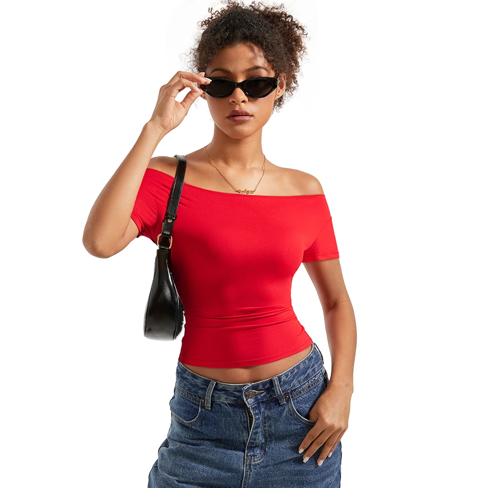 Tops de manga corta con hombros descubiertos para mujer, ropa de calle a la moda, jersey con cuello vuelto, camiseta básica para salir de verano para mujer