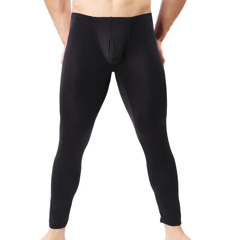 Fashion Men's Legging Ice Silk Homme Sleepwear Long Johns See Through Ultra-Thin Bottoms