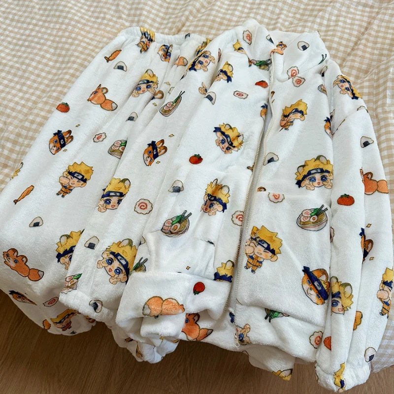 Conjunto de pijama de manga larga de felpa de Naruto, bonito dibujos animados cálidos y fríos, se puede usar sobre la ropa de descanso, regalos navideños para parejas, niñas y niños