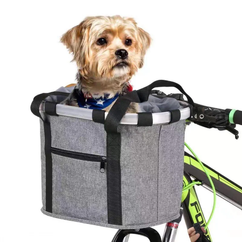 Bicycle Front Basket Bike Dog Carry Pouch Cycling Handlebar Tube Hanging Basket 2 in 1 Detachable Fold Baggage Bag 3KG Load