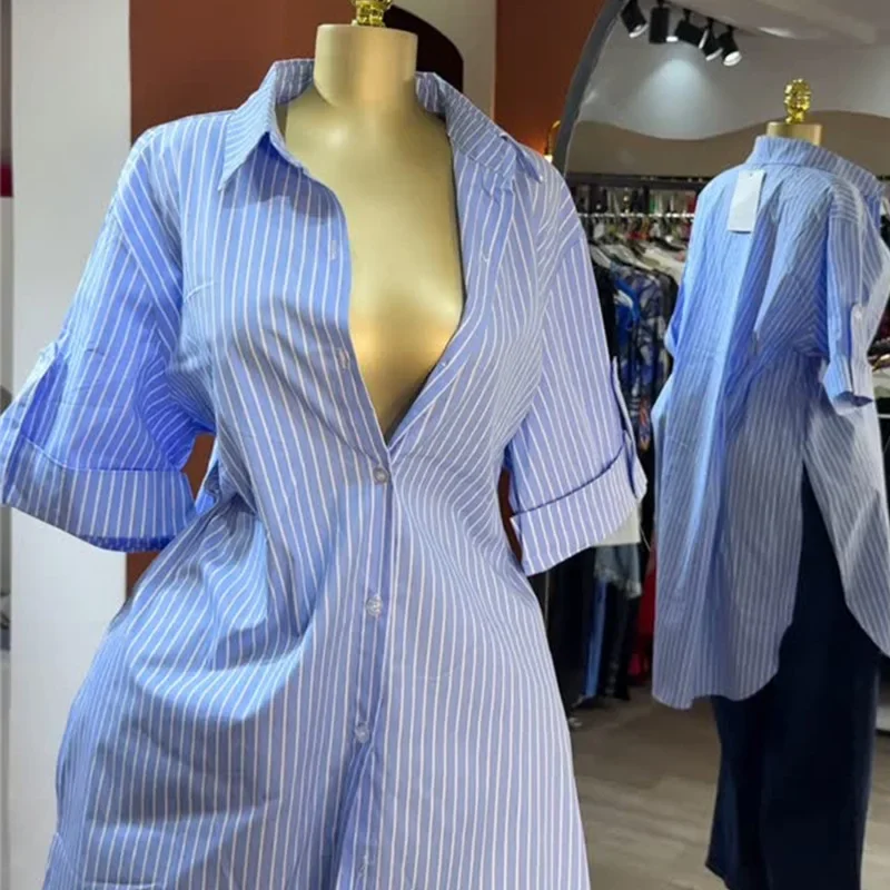 Frauen Gestreiften Shirts Kurzarm Einreiher Casual Hemd Drehen Unten Kragen Midi Länge Top Blusen Dame Herbst 2025