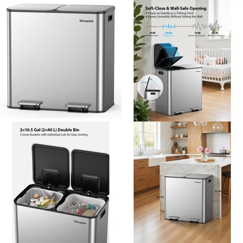 

Dual Compartment Stainless Steel Kitchen Trash Can, 2 x 10.5 Gallon Garbage Bins for Recycling and Waste Management