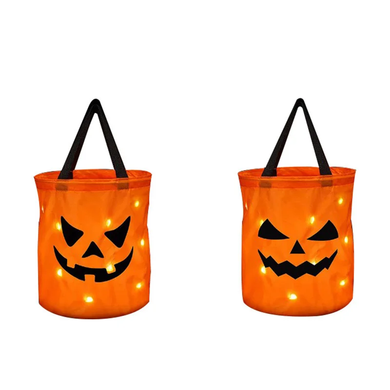 Secchio per dolcetti o scherzetto di Halloween con luce a LED Sacchetti di caramelle di zucca Cestino di Halloween pieghevole per cesto regalo per