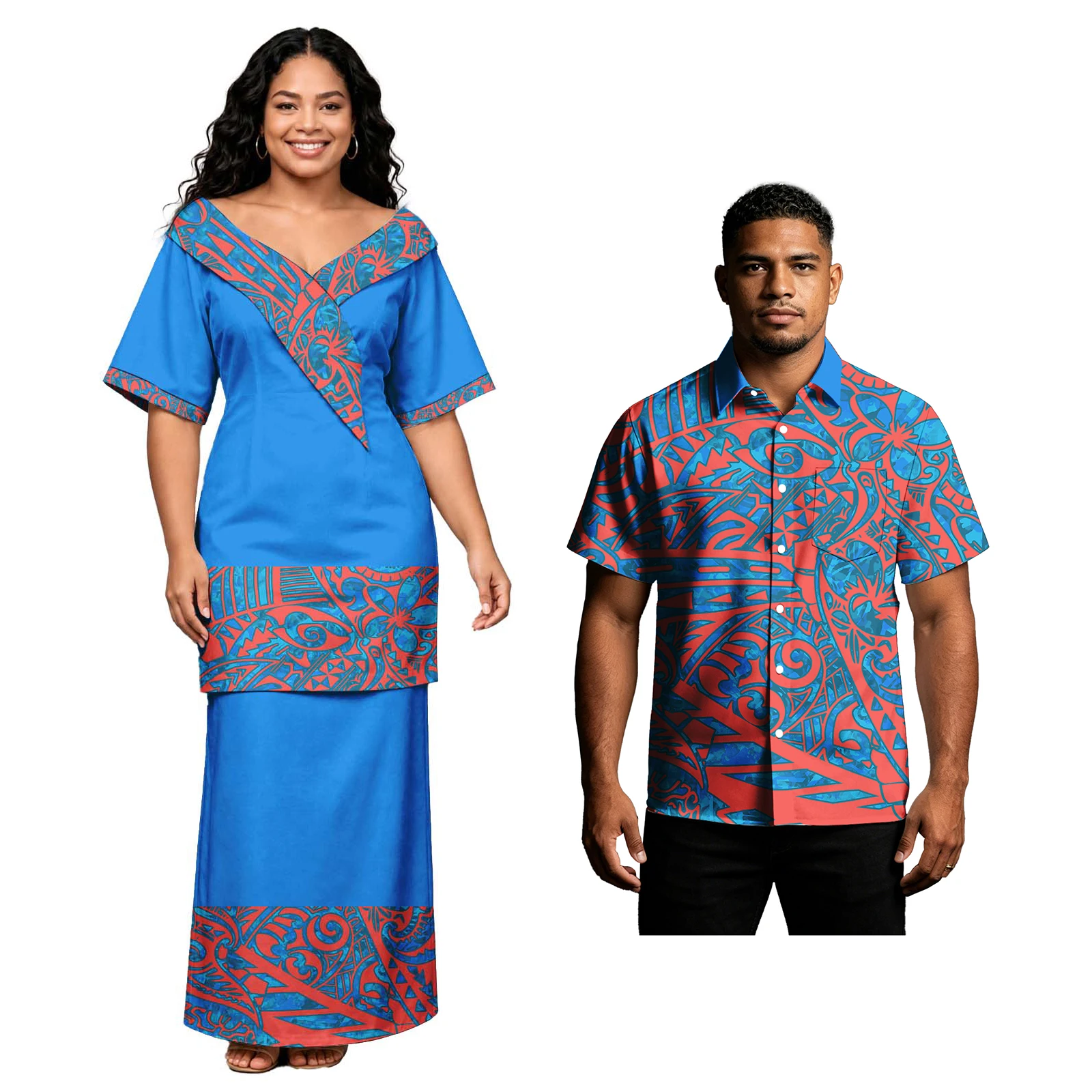 Hot Sale Holiday Polynesian Ladies Tribal Oversize Puletasi Hawaiian Island Women Dress Petal Sleeve Samoan Puletasi 2 Piece Set