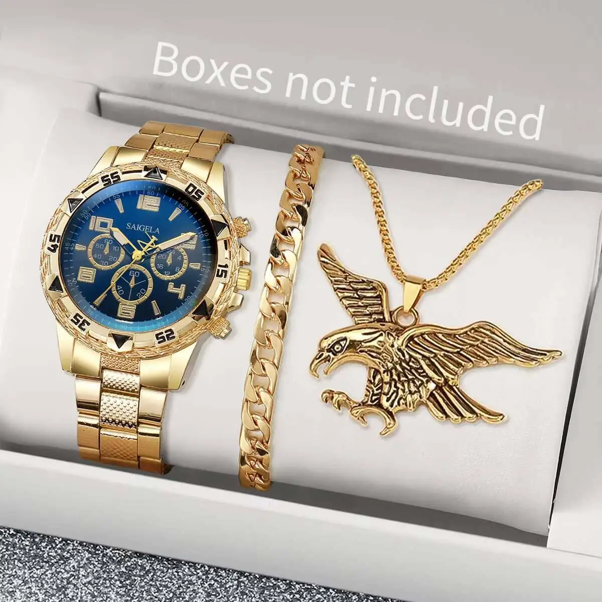 メンズステンレススチールクォーツ腕時計,カジュアルネックレスとブレスレットのセット,ボックスなしのビジネスウォッチ,ファッショナブル,1セットあたり3個