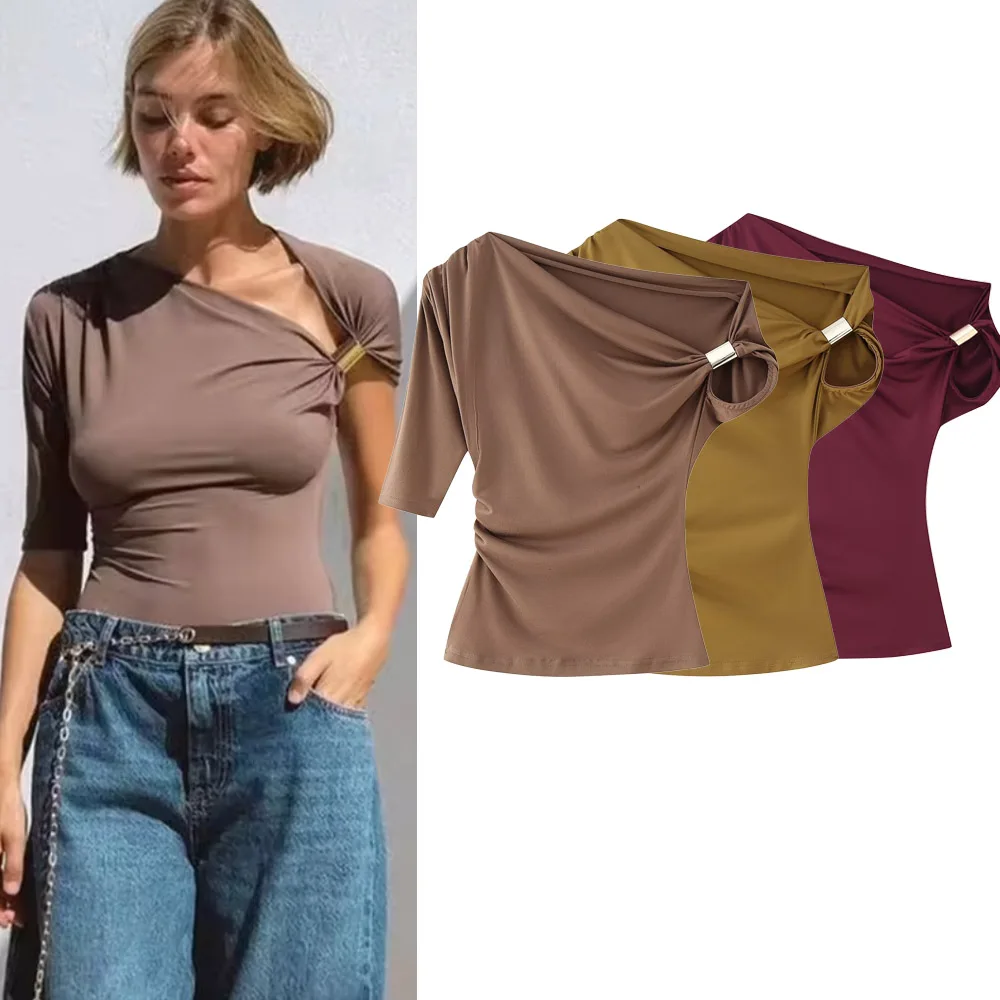 

Женские боди 2025, новая мода, летние асимметричные нейлоновые топы, повседневные тонкие коричневые, черные мягкие рубашки, вечерние майки
