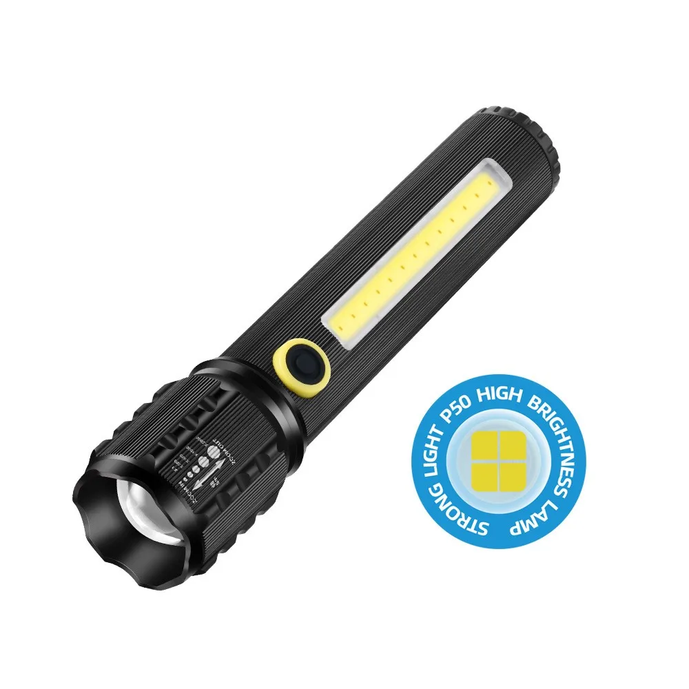 Portable Rechargeable Zoom LED Flashlight COB Flash Light Torch Lantern 3 Lighting Modes Camping Light Outdoor Led Flashlight