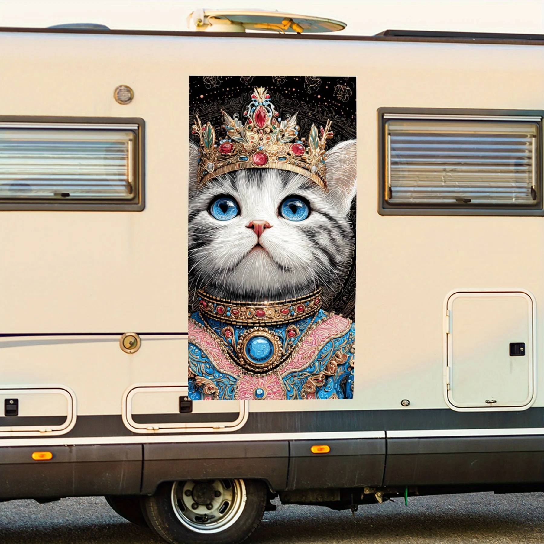 

Cute Cat with Crown and Gorgeous Clothes,Waterproof Vinyl Decal for RV Side, Self - Adhesive Stickers to Decorate & Protect RV B